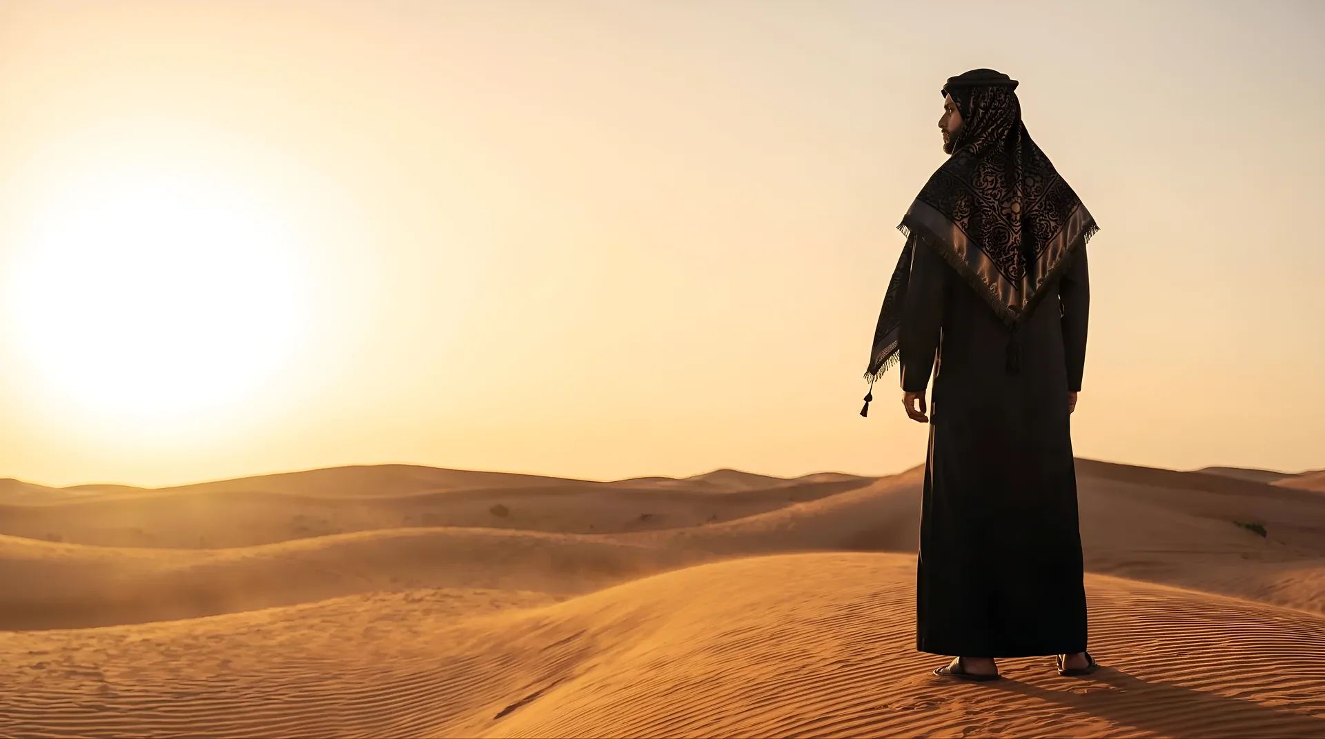 رجل يرتدي شماغ «الليل» الأسود فوق كثبان الرمل وقت الغروب