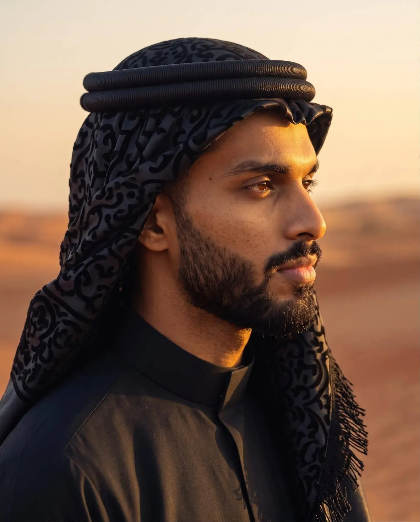 رجل يرتدي شماغ «الليل» الأسود، لقطة قريبة وقت الغروب